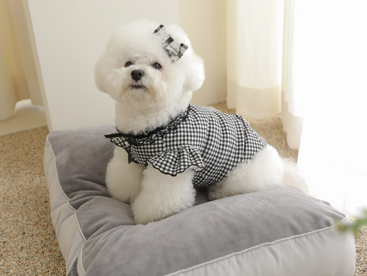 Pets&Me Plaid Blouse with Hairpin[韩国Pets&Me田园格子风荷叶边小衬衫带发夹] image 0